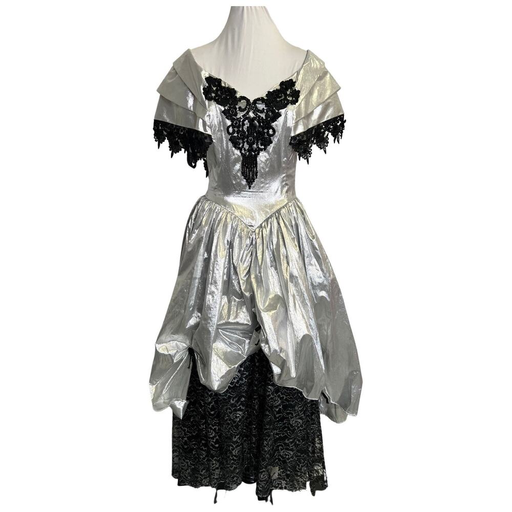 Vintage 1980s Silver Metallic Lamé and Black Lace Gown Small